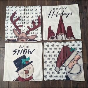 Set 4 XMAS Pillow Covers Santa Snowman Elf Reindeer Gnome Hohoho Falala *DEFECT